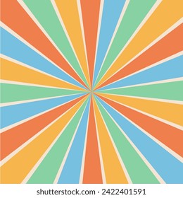 Groovy retro yellow sunburst starburst with ray of light. Abstract background with colorful sun in 60s, 70s hippie style. Trendy colorful graphic print. Sunny template. Flat design Vector illustration