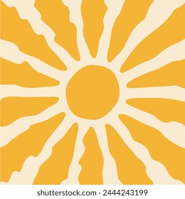 Groovy retro yellow sunburst starburst with ray of light. Background with yellow sun in 60s, 70s hippie style. Trendy colorful graphic print. Sunny template. Flat design. Vector illustration