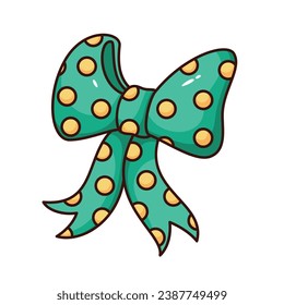 Groovy ribbon bow vector illustration. Cartoon isolated retro funny sticker with cute present from green silk glossy ribbon with yellow polka dots, festive gift decoration of Saint Patricks Day