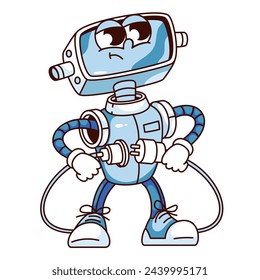 Groovy robot personaje de dibujos animados que sostiene el enchufe y el zócalo para conectar. Divertida red de reparación de androides retro desconexión, mascota de fallo de Internet, etiqueta engomada del robot de dibujos animados de estilo de los años 70 y 80 ilustración vectorial