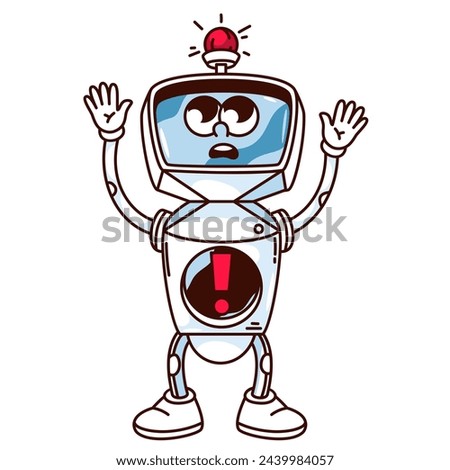 Groovy robot cartoon character with important warning message. Funny retro android with siren, exclamation mark. Alert notification mascot, cartoon robot sticker of 70s 80s style vector illustration
