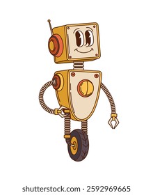 Groovy robot and droid character features rounded body flexible mechanical arms, antenna, big eyes and wheel. Cartoon vector au cyborg with friendly happy face, exude nostalgic sci fi retro y2k vibe