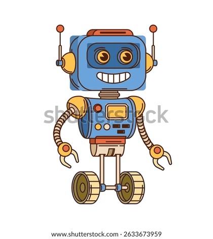 Groovy robot or retro droid cartoon character on wheels with funny face, vector robotic bot. Comic groovy robot with antenna, mechanical arms and happy smile as cyborg droid retro cartoon character