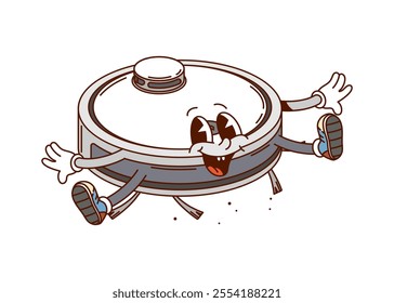 Groovy robotic vacuum cleaner cartoon household character. Efficient and modern cleaning technology personage with a retro vibe. Vector washing robotics innovative appliances for home cleanup