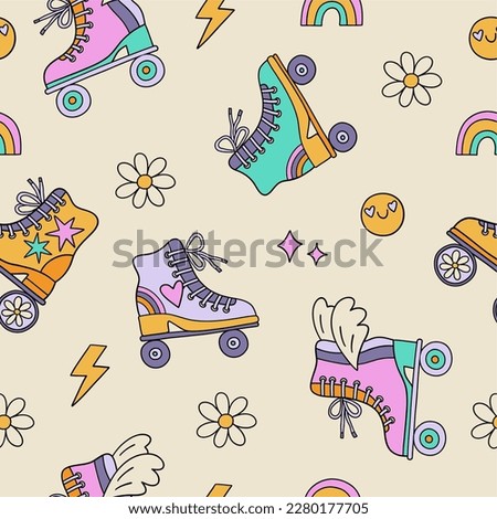 Groovy Roller Skate - vector illustration. Rerto seamless pattern