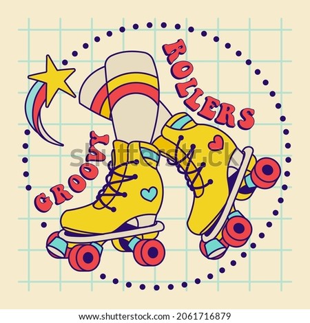 Groovy rollers on hippy style illustration. Vintage girly concept  for tee, t shirt, square social media post design