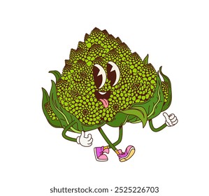 Groovy romanesco col vegetal carácter retro con cara divertida, Vector de dibujos animados. Repollo románico groovy con sonrisa feliz y lengua en expresión tonta para verdura groovy linda alegre