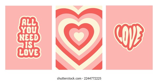 Groovy romantic set posters. Trendy backgrounds in  retro style 60s, 70s. Happy Valentines day greeting card. Vector illustration
