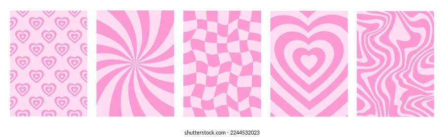 Groovy romantic set vertical backgrounds in style retro 60s, 70s. Happy Valentines day greeting card.  Vector illustration. Pink colors