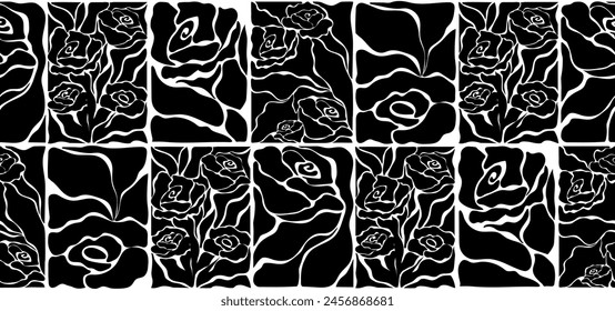 Groovy roses seamless pattern, hand drawn monochrome floral background. Aesthetic contemporary design for textile prints. Vector illustration.