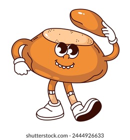 Groovy round bread cartoon character holding cap with funky smile. Funny retro sourdough bread bowl for hot soup, bakery mascot, cartoon baked loaf sticker of 70s 80s style vector illustration