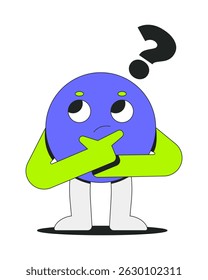 Groovy round character thinking with question mark 2D onboarding ui illustration. Curious brainstorm. Decision making. Problem solving cartoon concept isolated on white. Flat abstract vector metaphor