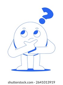Groovy round character thinking with question mark line onboarding ui illustration. Curious brainstorm decision making. Problem solving outline blue 2D concept isolated. Monochrome metaphor vector art