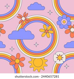 Arco iris redondo estupendo con el patrón inconsútil de las flores. Hippie niño arco geométrico abstracto y fondo de margaritas. Diseño brillante de la superficie del cielo del verano para la moda del bebé de la guardería. Ilustración lineal vectorial.