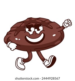 Groovy round rye bread cartoon character walking with smile. Funny retro happy brown bread for sandwich, traditional bakery product mascot, cartoon sticker of 70s 80s style vector illustration