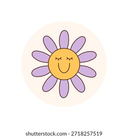 Groovy etiqueta engomada redonda con linda margarita y sonrisa feliz en estilo retro y2k. Sello de flores y tapa circular perfecto para el paquete. Icono divertido y positivo para la etiqueta del producto o del paquete.