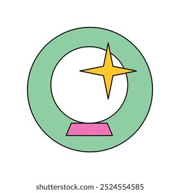 Groovy etiqueta engomada redonda con bola de cristal mágico de la Ilustración vectorial del adivino