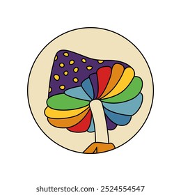 Groovy round sticker with psychedelic magic rainbow mushroom vector illustration
