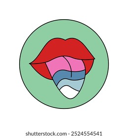 Groovy round sticker of red lips and psychedelic tongue sticking out with wavy lines vector illustration