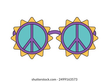 Groovy round sunglasses with flower frames and hippie peace sign vector illustration