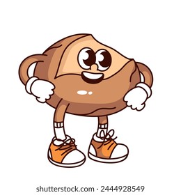 Groovy round wheat bread cartoon character with cuts. Funny retro happy healthy loaf standing with sneakers on legs and smile, bakery mascot, cartoon bread sticker of 70s 80s style vector illustration