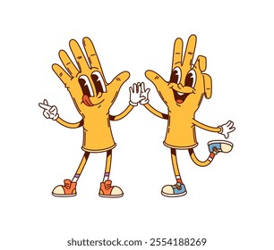 Groovy rubber gloves characters ready to protect hands during cleanup. Isolated cartoon vector pair of yellow gloves retro personages engage in playful household cleaning activities and washing chores