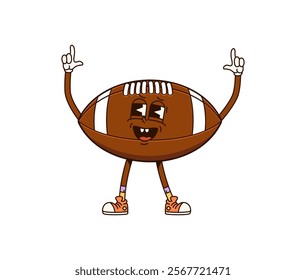 Groovy rugby ball sport character in a dynamic pointing up pose. Isolated cartoon vector retro sports equipment personage with cheerful expression, wearing sneakers, exudes energetic and playful vibe