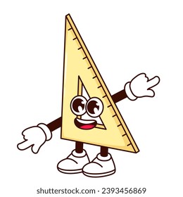 Groovy ruler character vector illustration. Cartoon isolated yellow retro sticker of funny wooden or plastic ruler mascot in shape of triangle with legs and arms, comic personage with happy face