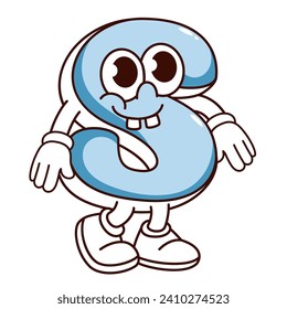 Groovy S alphabet letter cartoon character with shy expression on face. Funny retro ABC mascot, cartoon blue S letter of balloon typeface, hippie typography sticker of 70s 80s vector illustration