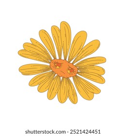 Groovy sad flower with psychedelic eyes on face and yellow petals vector illustration