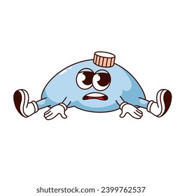 Groovy sad warmer bag cartoon character sitting. Funny rubber tool with hot water for thermotherapy, colds and flu support. Retro cartoon warmer mascot, 70s 80s style sticker vector illustration