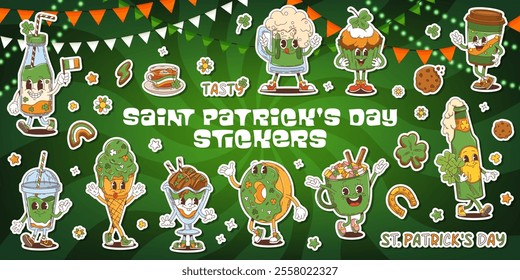 Groovy Saint Patrick Day holiday characters sticker pack. Cartoon vector funky drinks and treats celebrating amid vibrant green shamrocks, rainbows and clovers. St. Patricks Day celebrations patches