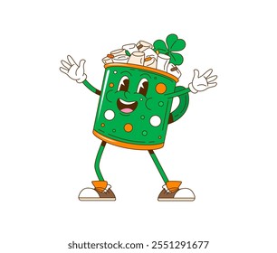 Groovy Saint Patrick day marshmallow character in retro vector cartoon for Irish holiday. Groovy cartoon marshmallow in green cup with shamrock clover and happy face for St Patrick Day character