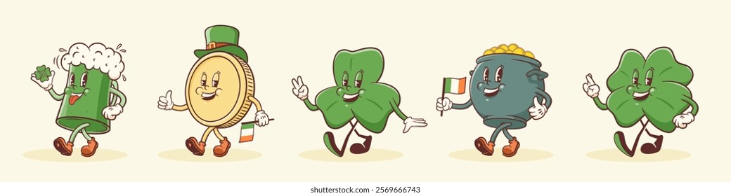 Groovy Saint Patrick Day Retro Characters Illustrations Set. Cartoon Green Ale Beer Tankard Glass, Shamrock, Cauldron Pot and gold Coins Walking Smiling Vector Irish Spring Holiday Mascot Templates