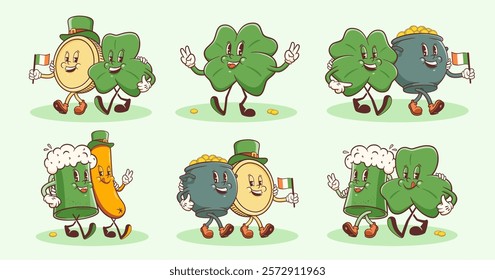 Groovy Saint Patrick Day Retro Characters Illustrations Set. Cartoon Green Ale Beer Tankard Glass, Shamrock, Cauldron Pot and gold Coins Walking Smiling Vector Irish Spring Holiday Mascot Templates