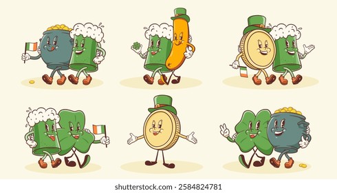 Groovy Saint Patrick Day Retro Characters Illustrations Set. Cartoon Green Ale Beer Tankard Glass, Shamrock, Cauldron Pot and gold Coins Walking Smiling Vector Irish Spring Holiday Mascot Templates