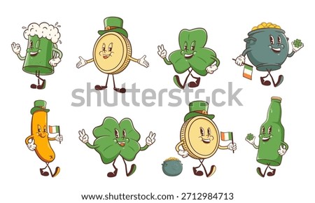 Groovy Saint Patrick Day Retro Characters Illustrations Set. Cartoon Green Ale Beer Tankard Glass, Shamrock, Cauldron Pot and gold Coins Walking Smiling Vector Irish Spring Holiday Mascot Templates