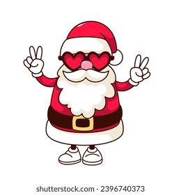 Groovy Santa Claus character vector illustration. Cartoon isolated retro Christmas fun sticker of standing happy funny Santa with hippie victory gesture and heart glasses, white beard and red hat