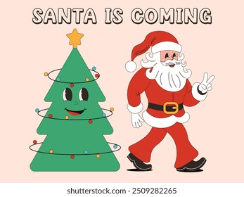 Groovy Santa Claus with Christmas tree. Groovy hippie Christmas. Trendy groovy illustration. Greeting card, invitation.