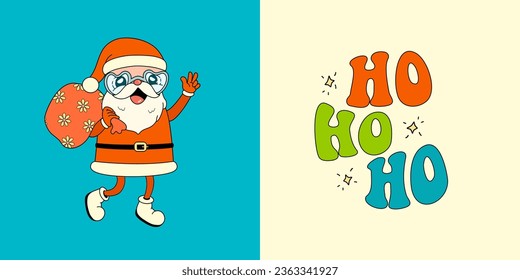 Groovy Santa Claus. Ho Ho Ho retro slogan trendy print design in shape. Vintage Christmas character. Vector illustration