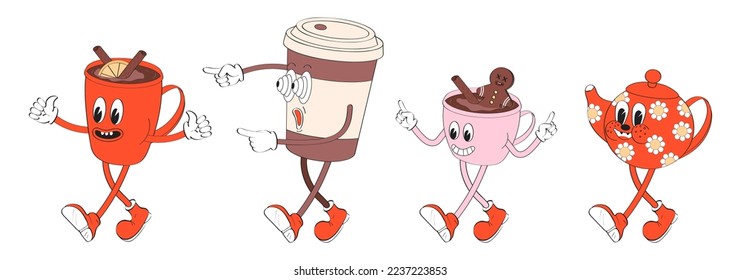 Groovy Santa cups set vector in retro, y2k style. Santa decoration with coffee, cacao with cinnamon in cartoon style. Holly jolly gift. Winter hot mug. New Year 30s, 40s, 50s greeting characters.