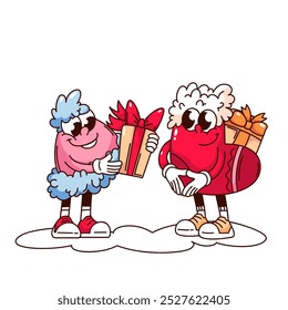 Groovy Santa chapéu e meia personagens de desenhos animados dando presentes de Natal. Engraçado casal retrô com caixas de presentes. Feriados de inverno, mascote de Natal, adesivo de desenho animado de estilo dos anos 70 e 80 ilustração vetorial