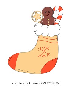 Groovy Santa socks vector in retro, y2k style. Santa decoration with gingerbread, star, stick. Holly jolly gift. New Year 30s, 40s, 50s greeting characters.