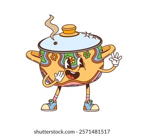 Groovy saucepan retro cartoon character of kitchen pot casserole, vector kitchenware utensil. Funny groovy saucepan or cooking pot with funky face and boiling steam for kitchenware utensil character