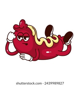 Groovy sausage with mustard cartoon character with tired face. Funny retro lazy BBQ fast food lying exhausted, fatigue mascot, cartoon comic sausage sticker of 70s 80s style vector illustration