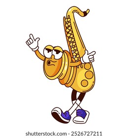 Groovy saxofone personagem de desenho animado assobiando melodia. Engraçado instrumento de vento de ouro retro andando com cara funky. Festa de jazz, mascote de música, adesivo de saxofone de desenho animado de estilo dos anos 70 e 80 ilustração vetorial