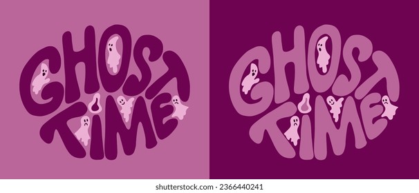 Groovy scary halloween lettering. Flat hand drawn slogan Ghost time in retro psychedelic style. Vintage print design in oval shape and color contrast. Good for for posters, cards, tshirt