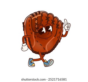 Personaje de guante de béisbol de la escuela Groovy. Vector de dibujos animados aislado equipo deportivo juguetón personaje retro caminando con el dedo en alto, exuda diversión y ambiente deportivo, con ojos expresivos y sonrisa amistosa