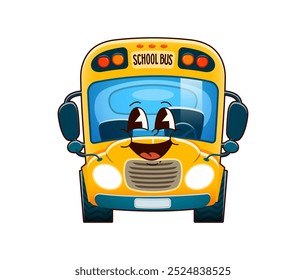 Groovy school bus character. Isolated cartoon vector yellow schoolbus with happy face and playful expression. Cheerful, fun and friendly vehicle represents kids transportation and education activities