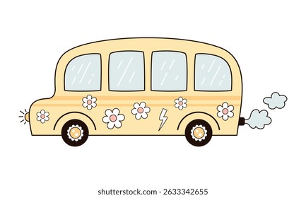 Groovy School Bus clipart, School transport, Retro car, back to school, cute hand drawn vector illustration in flat style